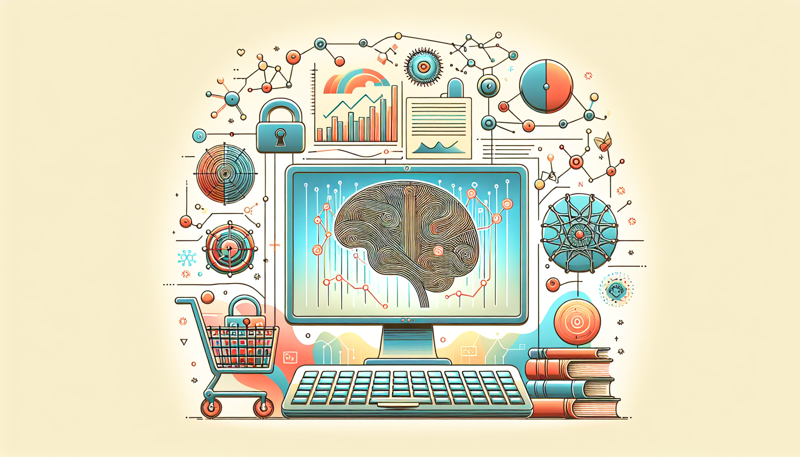 Ilustracija neuroznanosti sa računarom i etičkim simbolima.