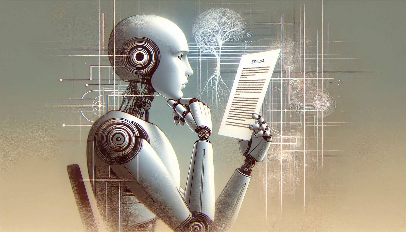 Robot razmišlja o etičkim pitanjima veštačke inteligencije.