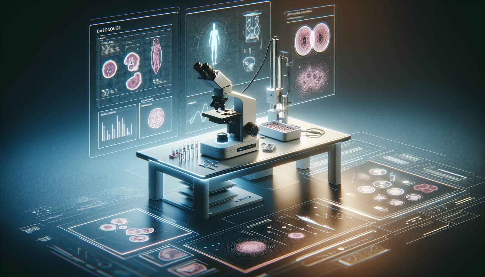 Laboratorijski sto s mikroskopom i holografskim ekranom.